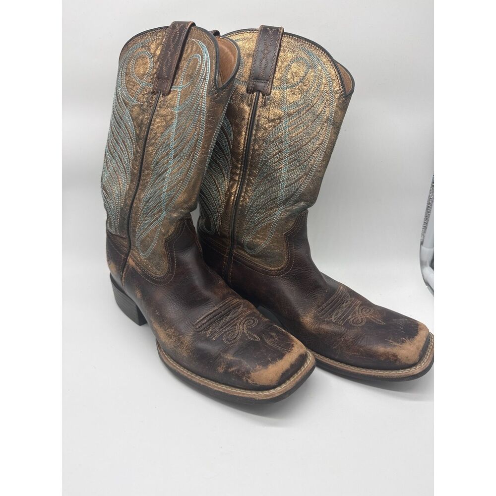 Ariat Round Up Western Boots Womens 7B Bronze Turquoise Square Toe